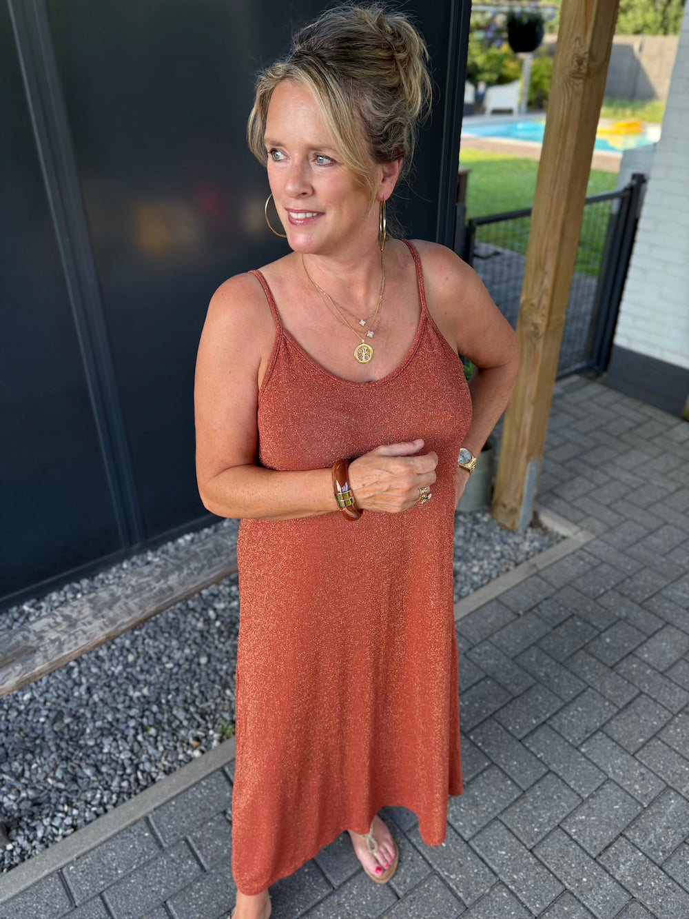 viscose jurk met lurex  brique