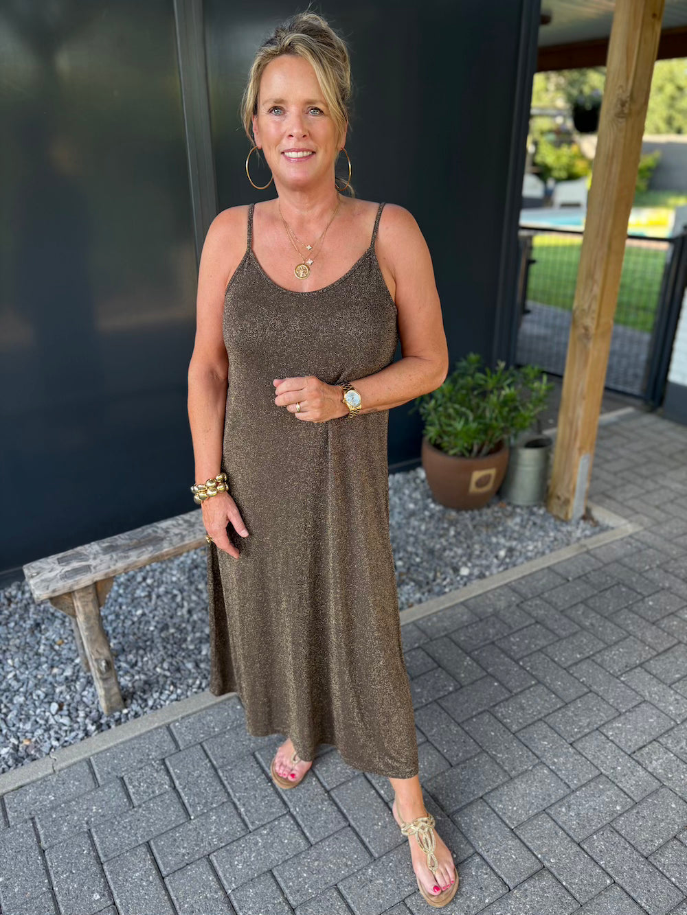viscose jurk met lurex  bruin