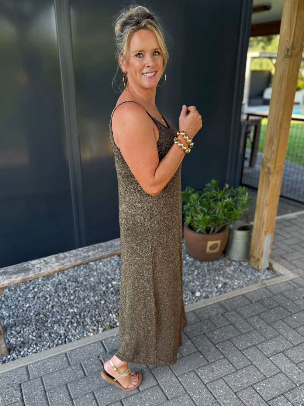 viscose jurk met lurex  bruin