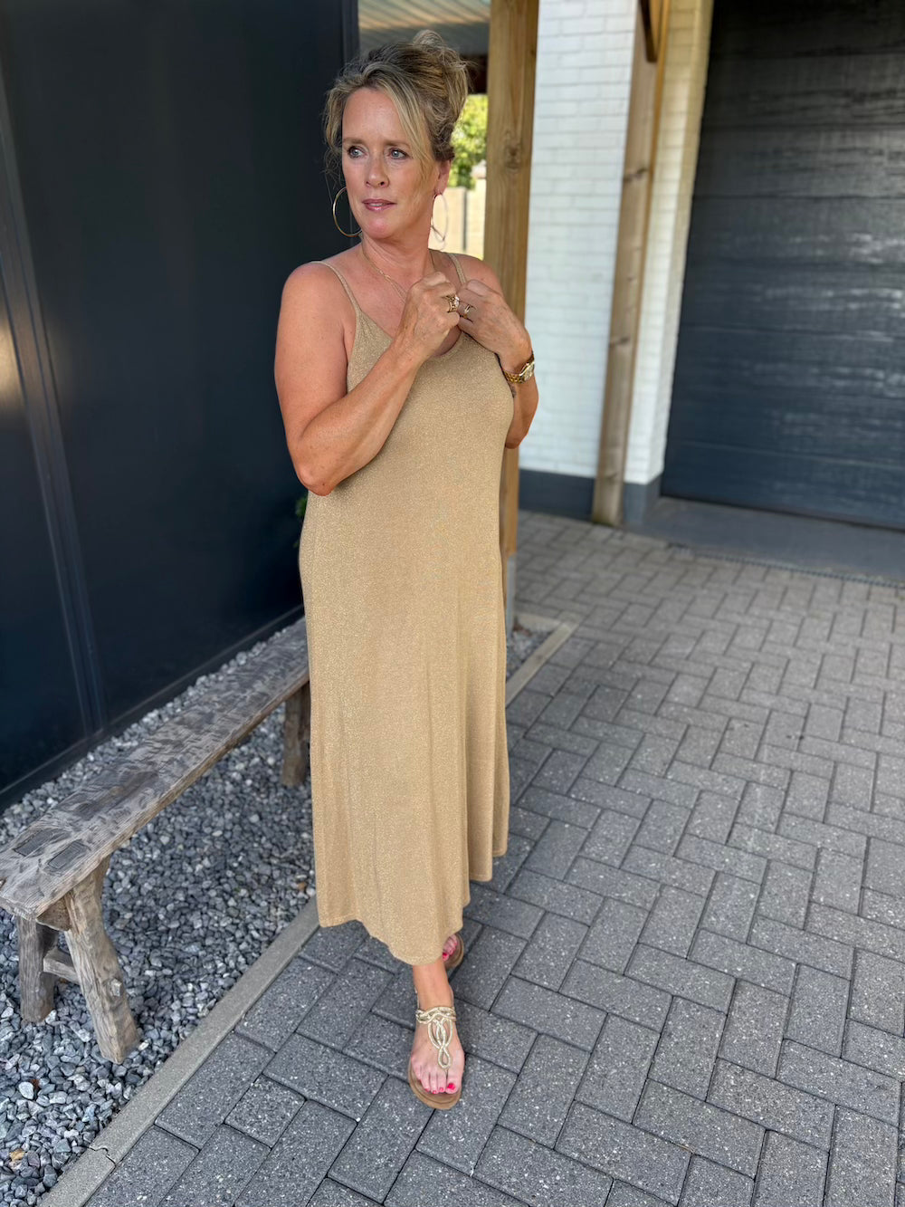 viscose jurk met lurex  beige