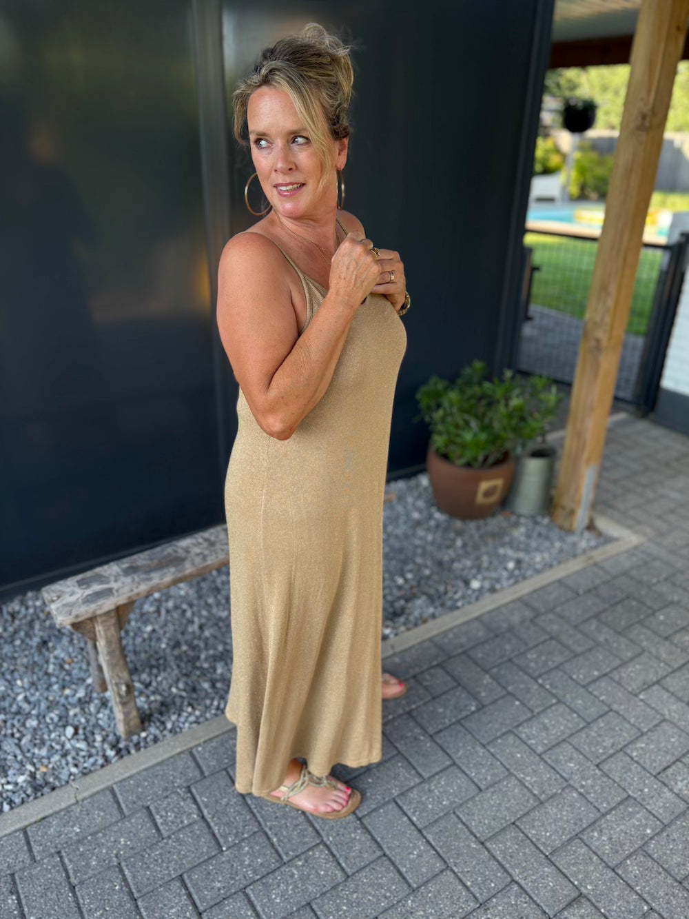 viscose jurk met lurex  beige