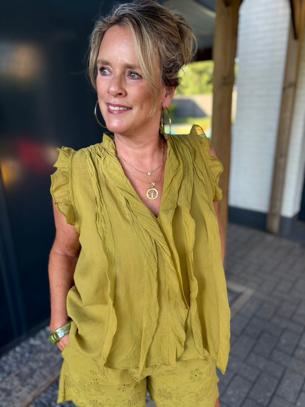 blouse met ruches oversized olijfgroen