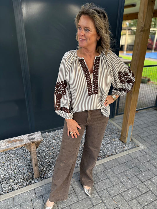Blouse met bloemenmouw bruin gestreept