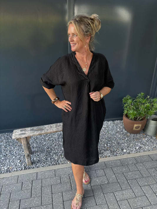 Mididress v hals linnen zwart