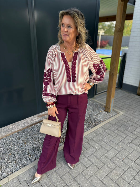 Blouse met bloemenmouw bordeaux