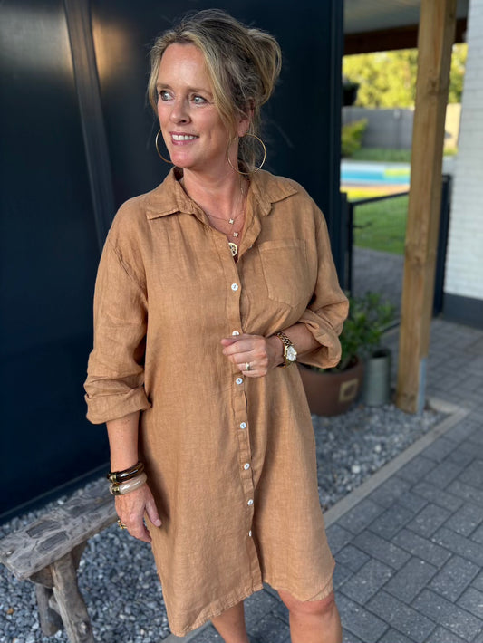 Linnen doorknoop jurk camel
