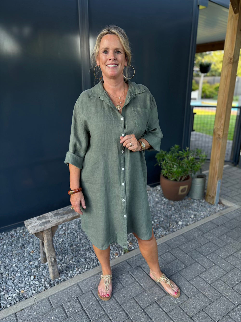 Linnen doorknoop jurk khaki