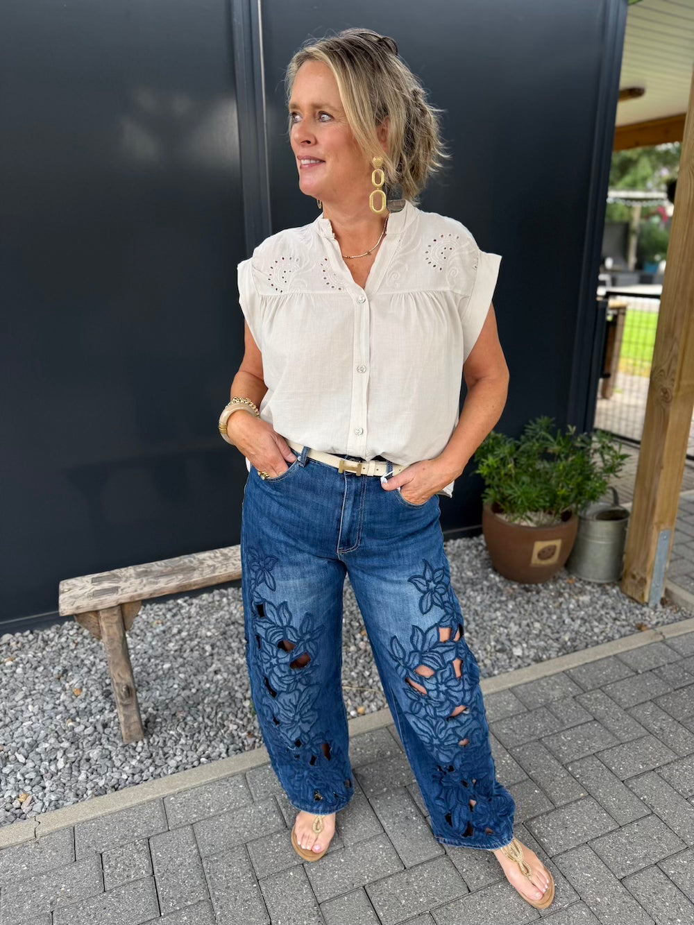 Barrel jeans met bloemen