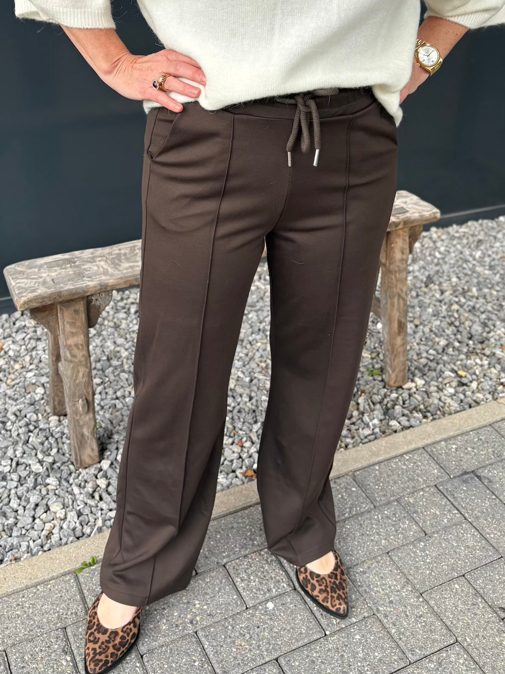 Pantalon met elastische taille bruin