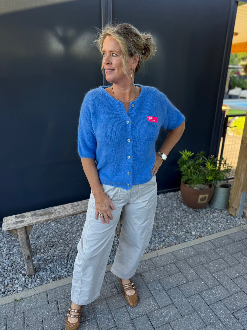 vestje mohair met applicatie en korte mouw  blauw