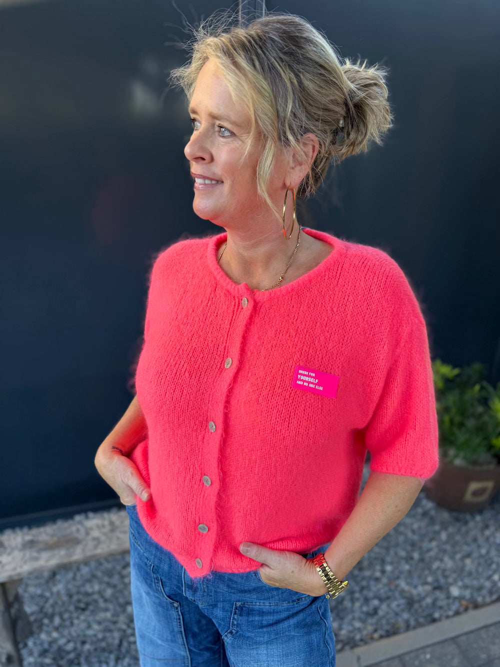 vestje mohair met applicatie en korte mouw kobalt koraal
