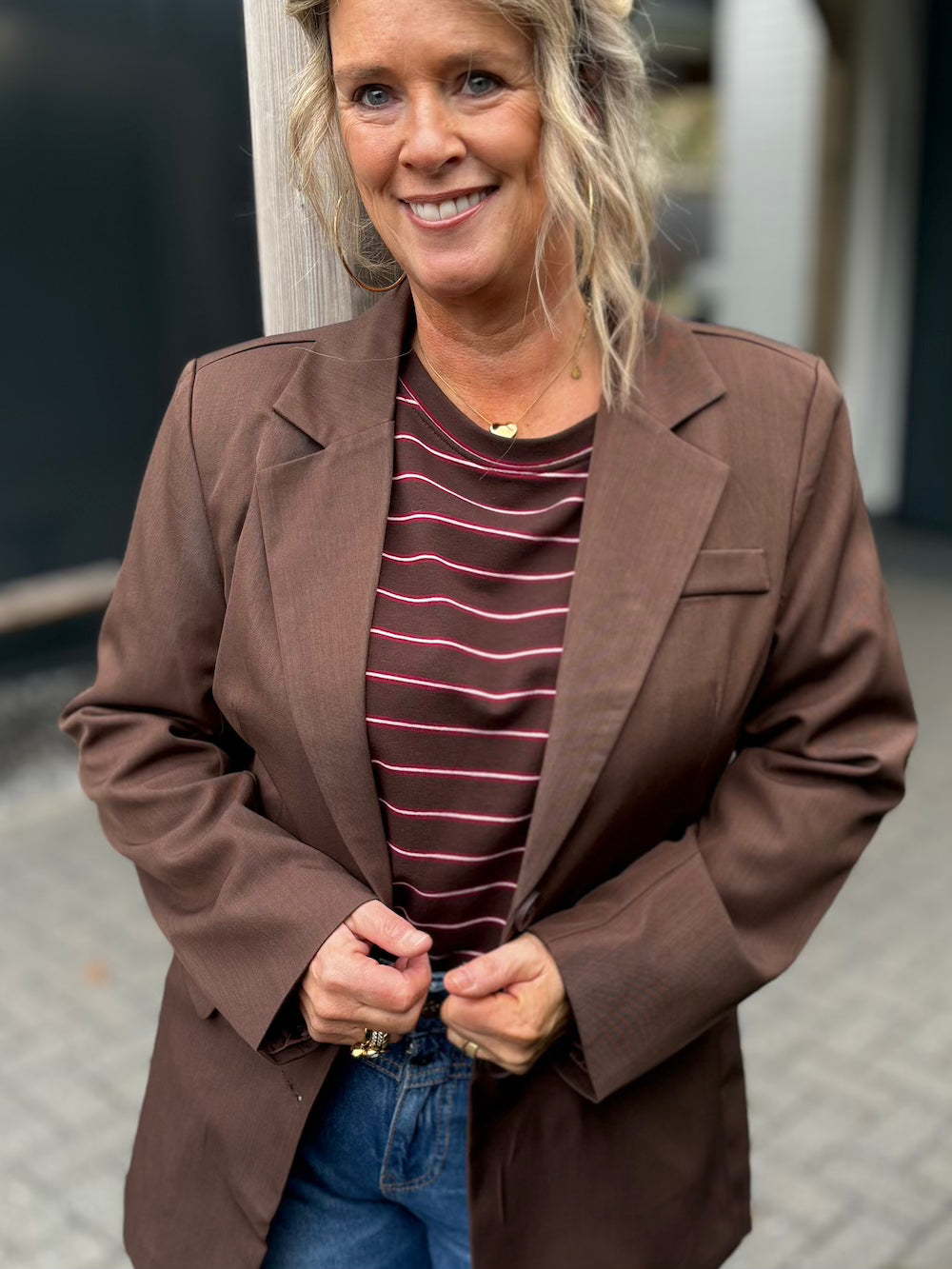 Longsleeve dun gestreept roze bordeaux