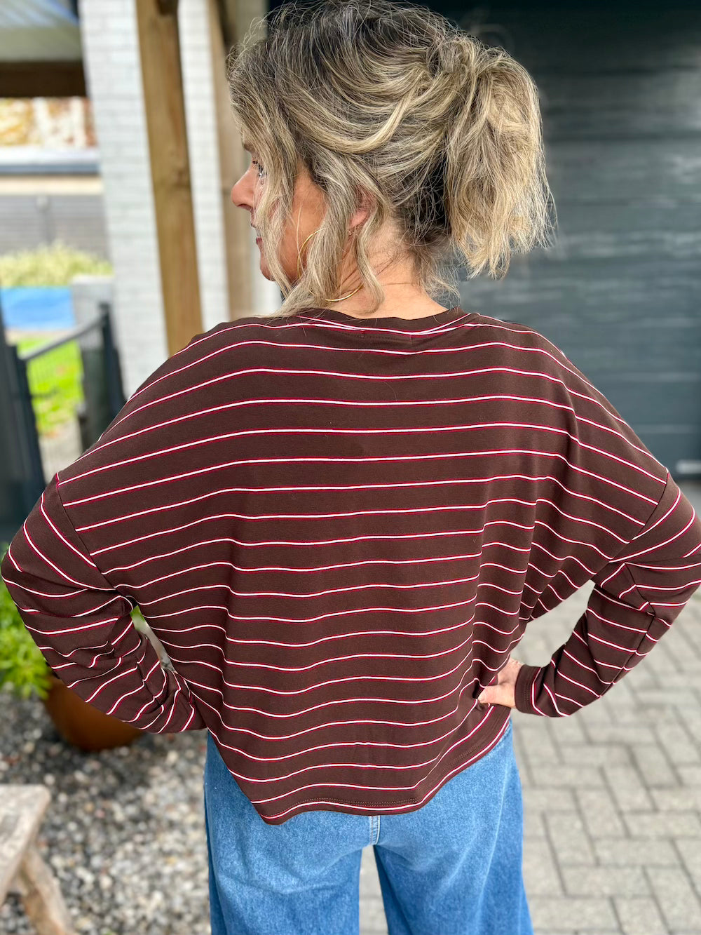 Longsleeve dun gestreept roze bordeaux
