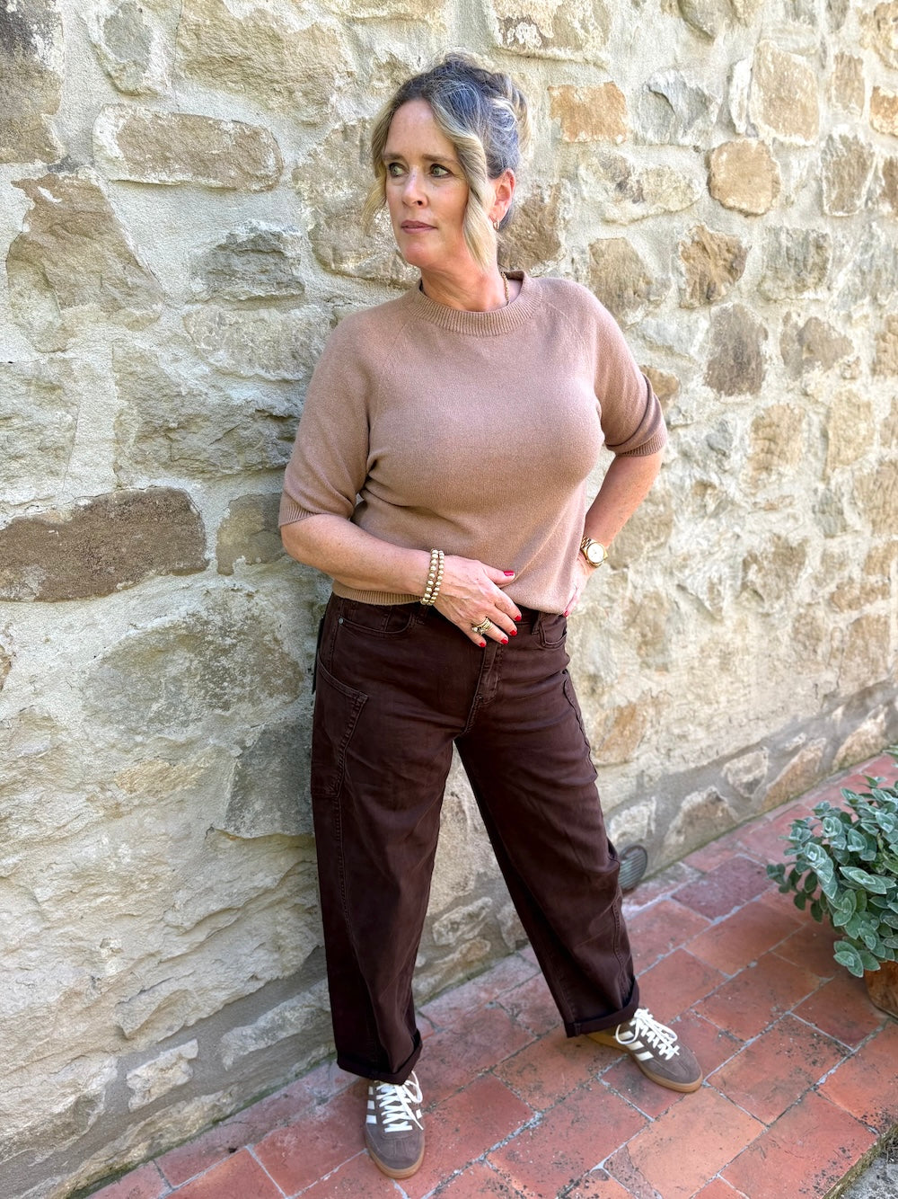 viscose truitje korte mouw marine camel