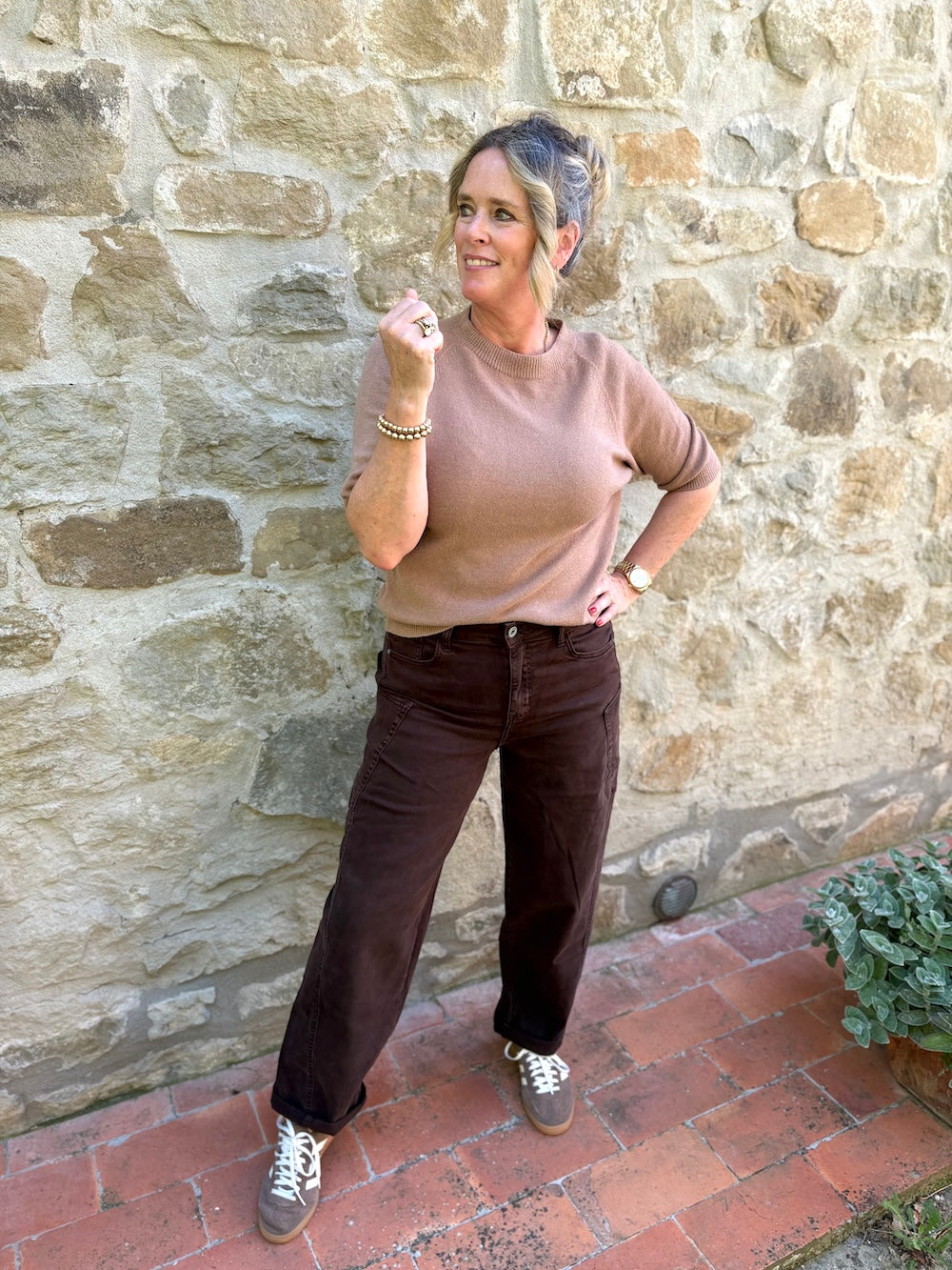 viscose truitje korte mouw marine camel