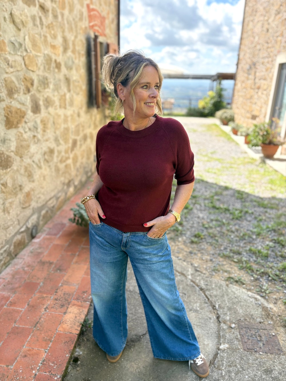 viscose truitje korte mouw marine bordeaux