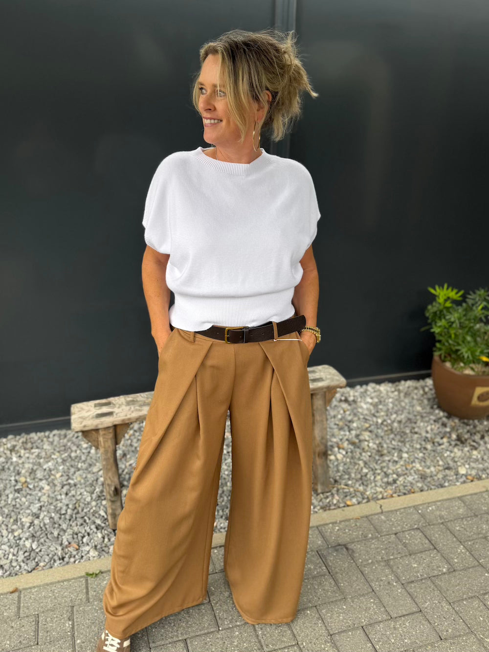 wijde panatalon met riem camel
