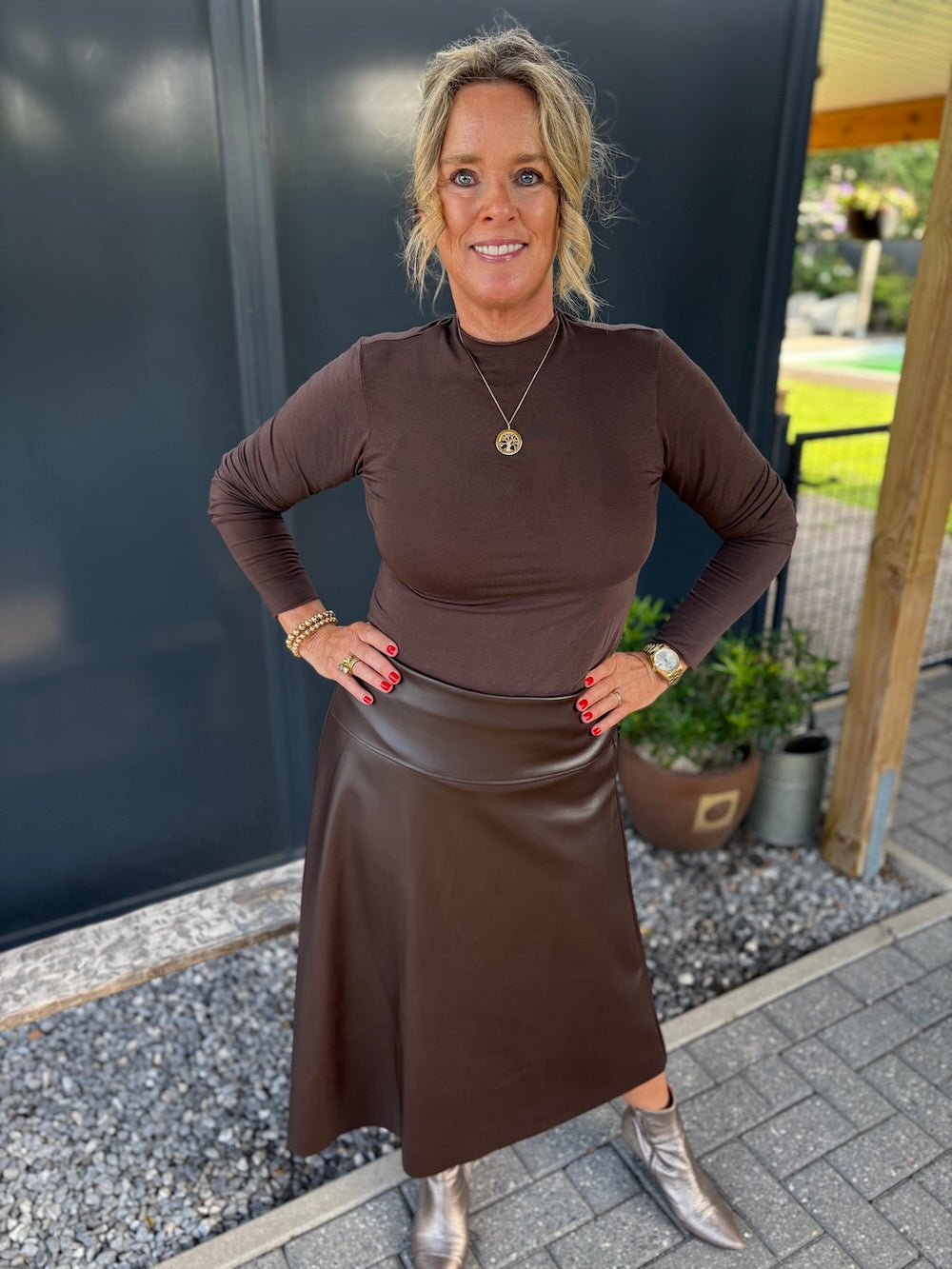 midi rok vegan leather bruin