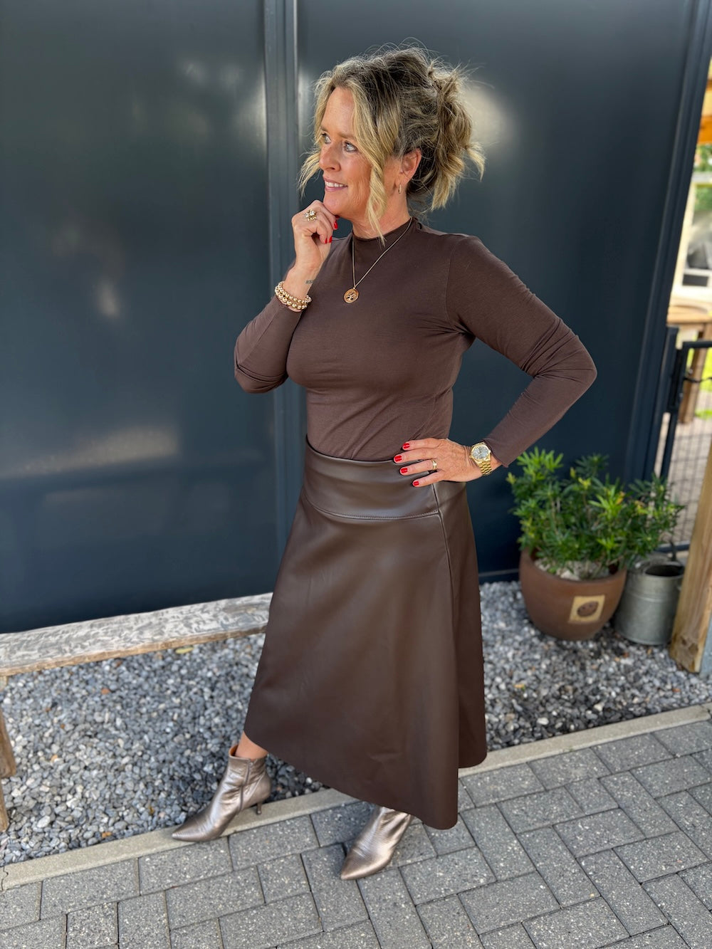 midi rok vegan leather bruin