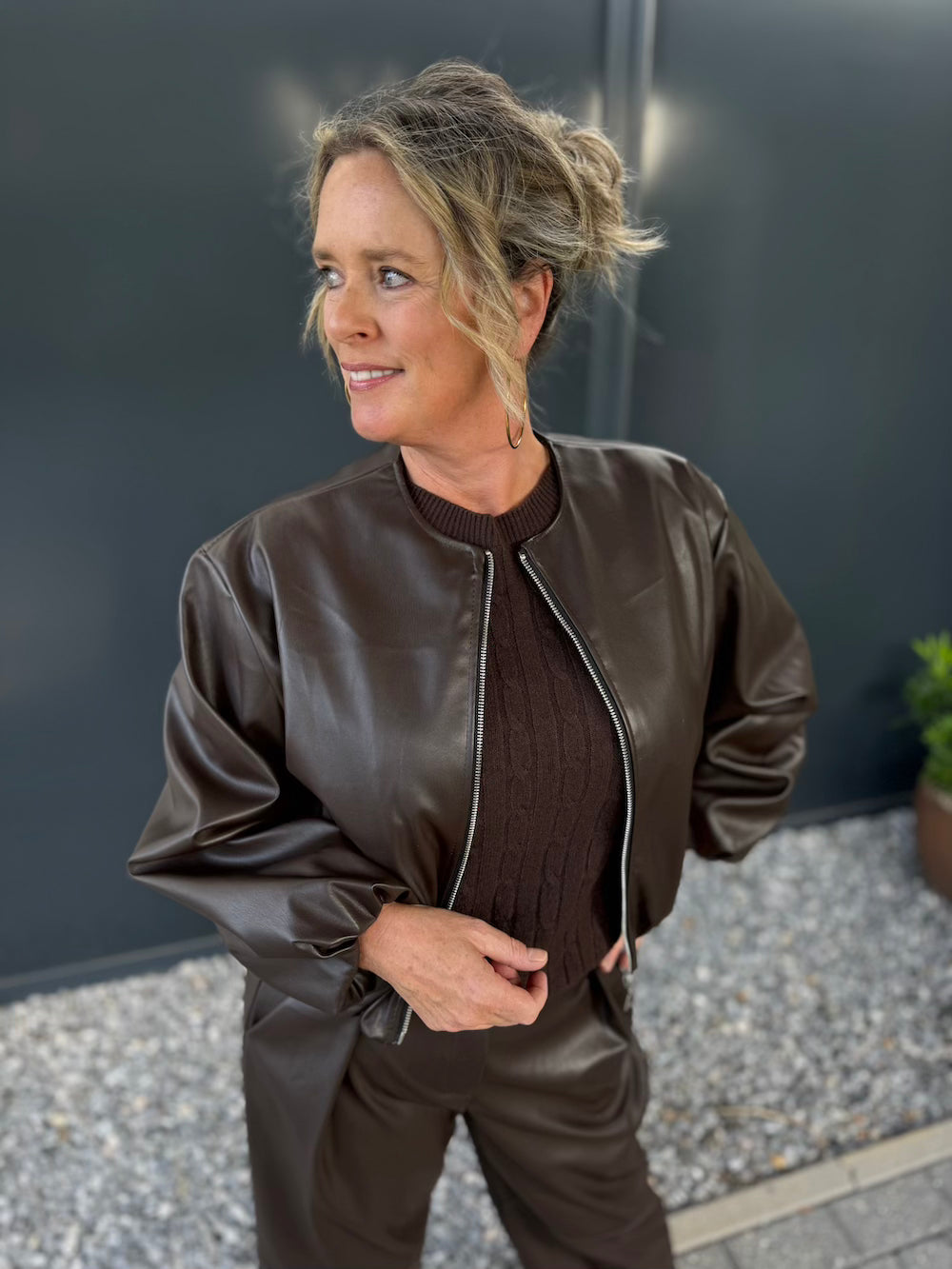 bomber vegan leather bruin