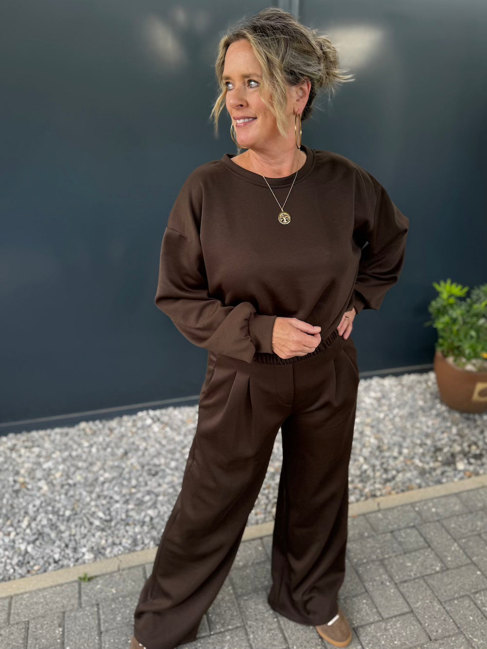 comfyset met bandplooi broek bruin