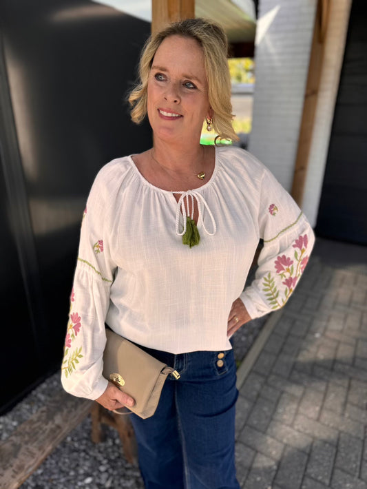 blouse geborduurde bloemen linnen