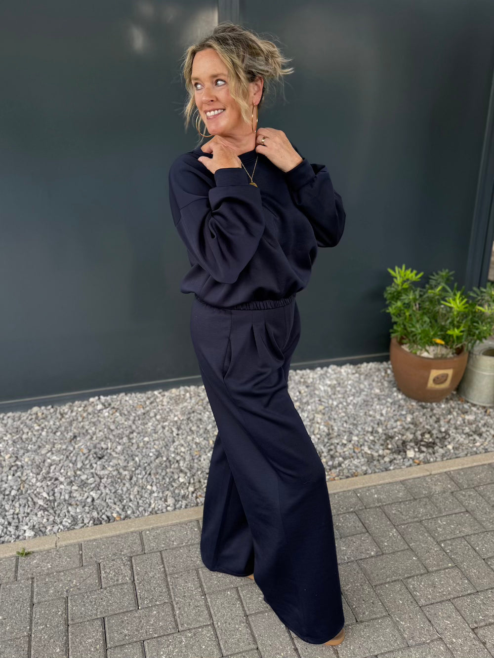 comfyset met bandplooi broek marineblauw