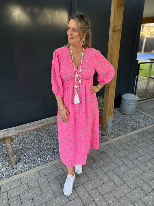Jurk met v hals luipaard katoen neon