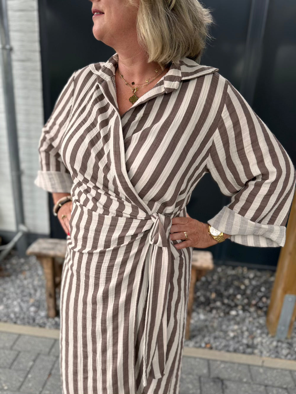 Wikkeljurk gestreept taupe/creme