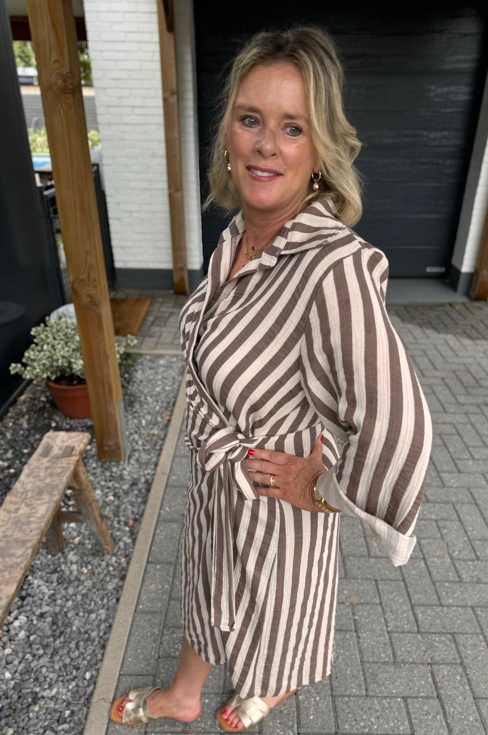 Wikkeljurk gestreept taupe/creme