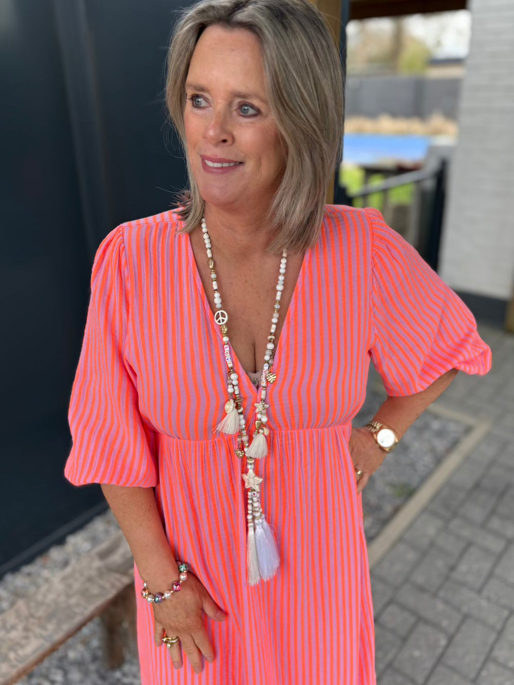 Jurk dubbele V hals neon oranje streep