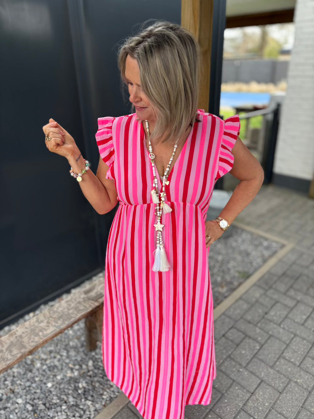 Jurk korte mouw neon rood gestreept