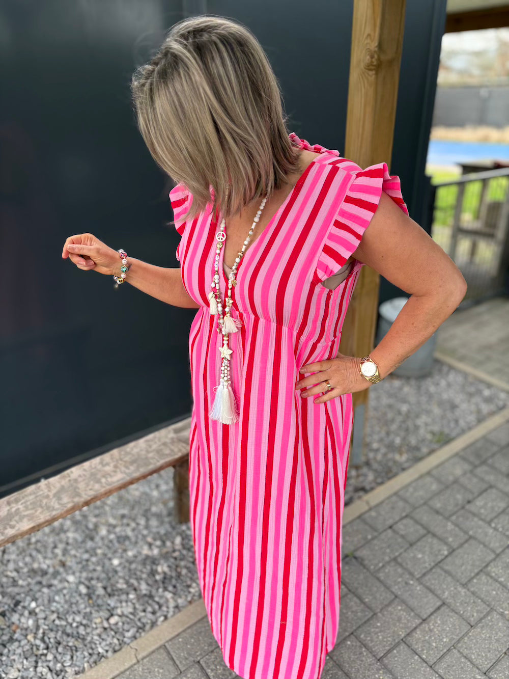 Jurk korte mouw roze neon streep rood roze