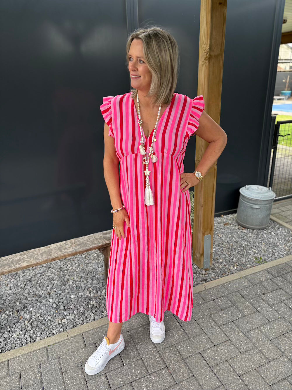 Jurk korte mouw roze neon streep rood roze