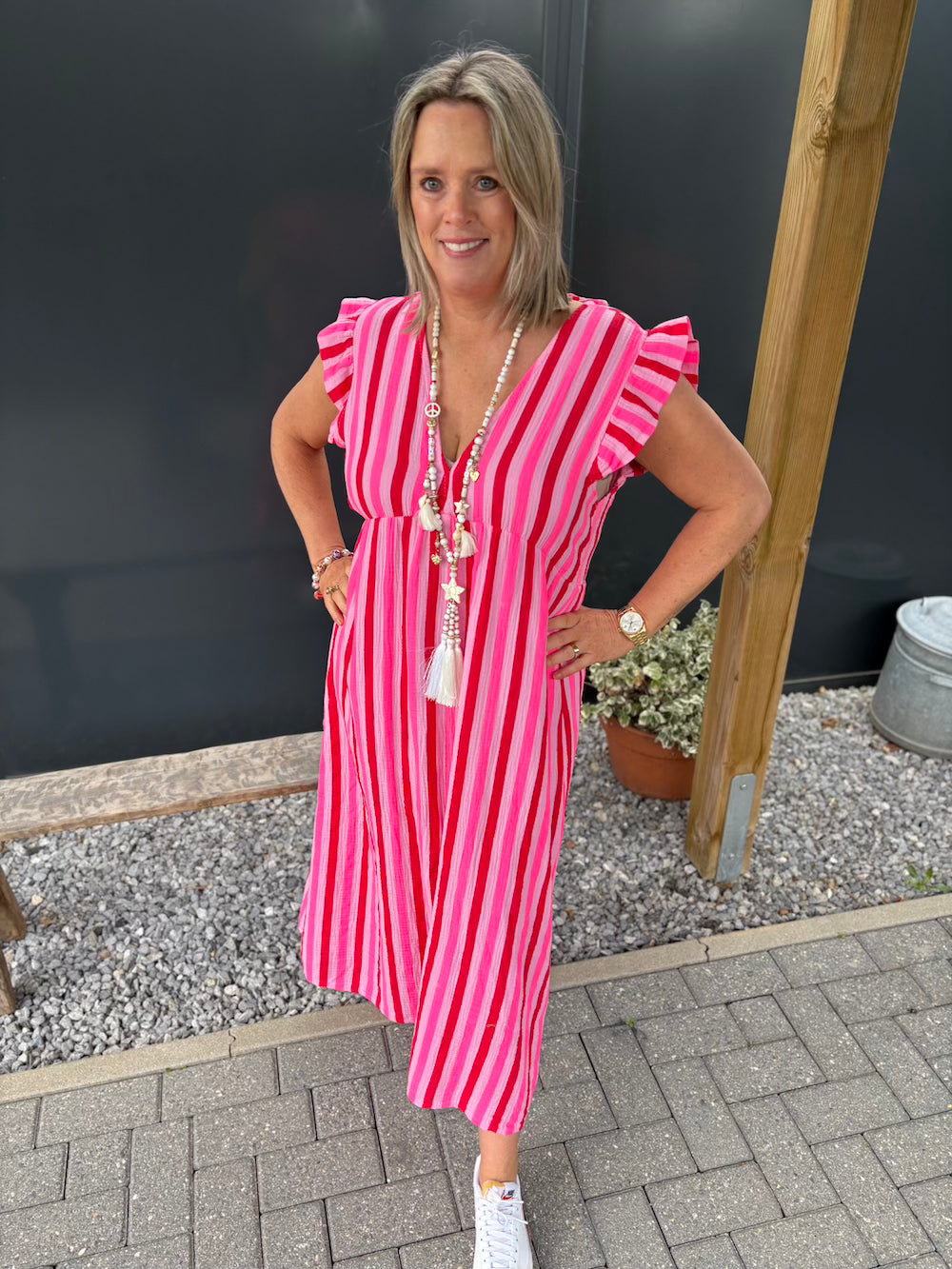 Jurk korte mouw roze neon streep rood roze