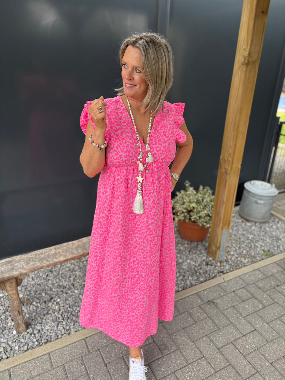 Jurk korte mouw roze neon luipaard