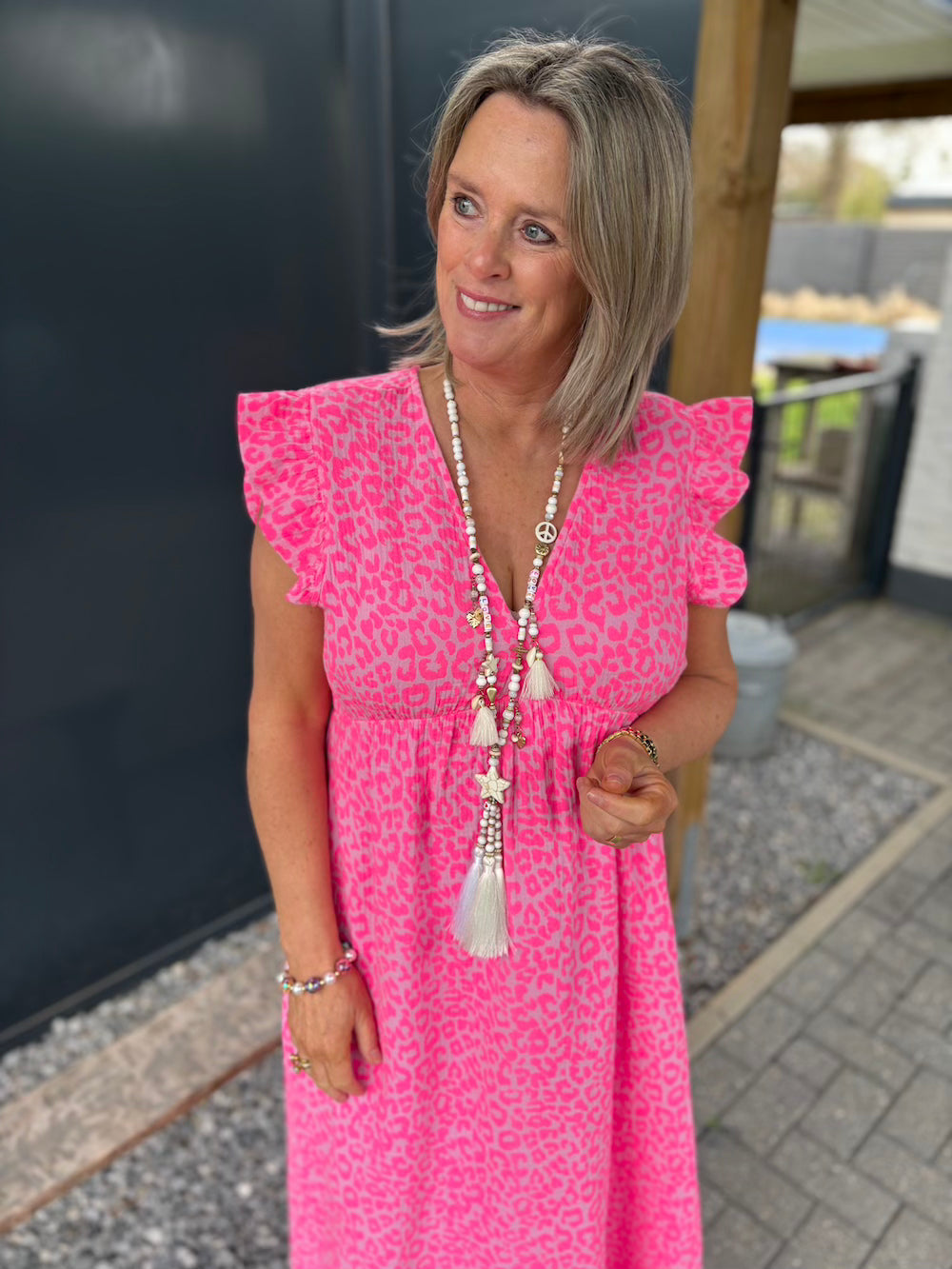 Jurk korte mouw roze neon luipaard