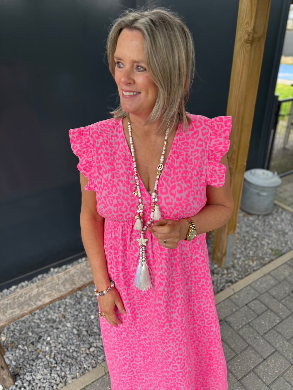 Jurk korte mouw roze neon luipaard