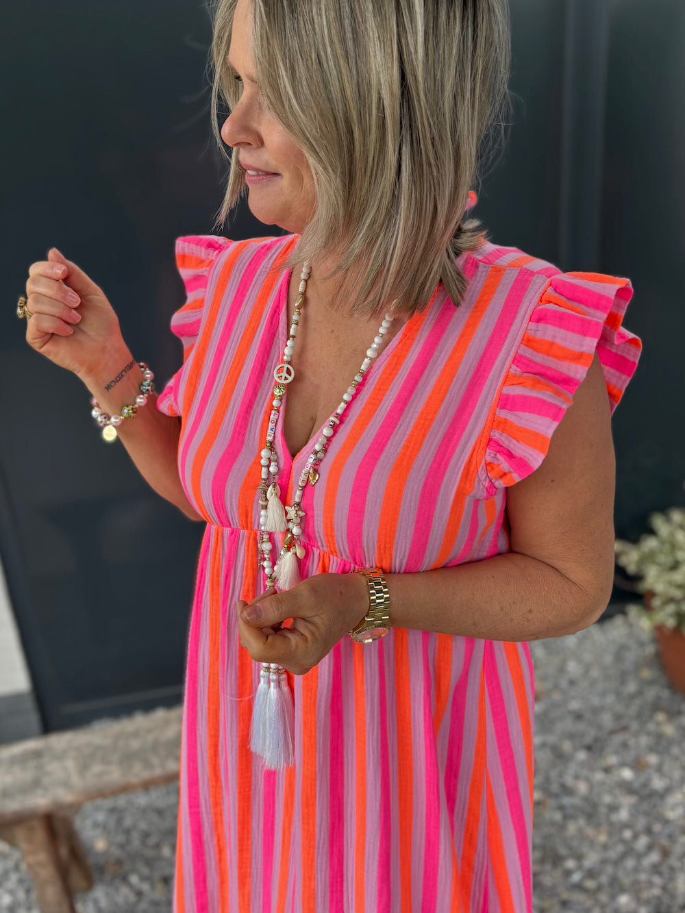 Jurk korte mouw neon streep