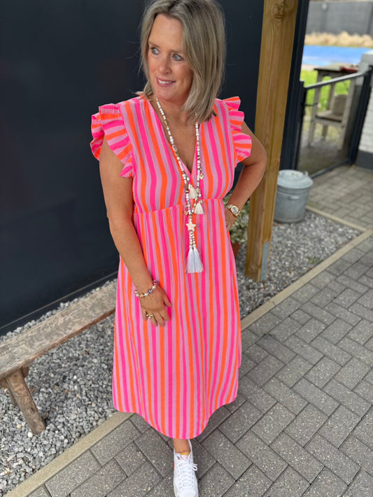 Jurk neon streep korte mouw
