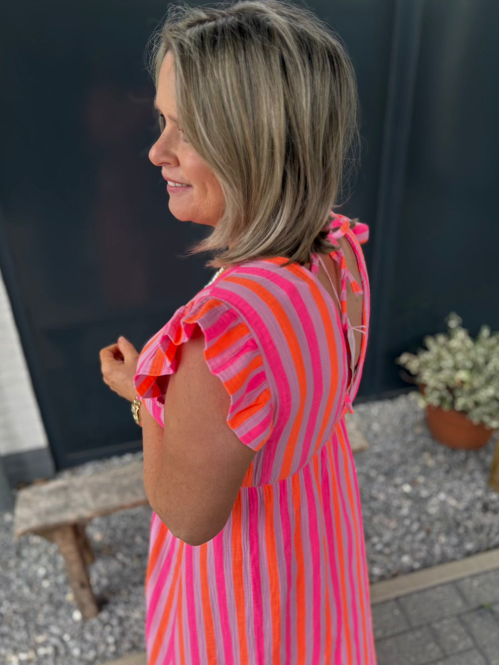 Jurk korte mouw neon streep