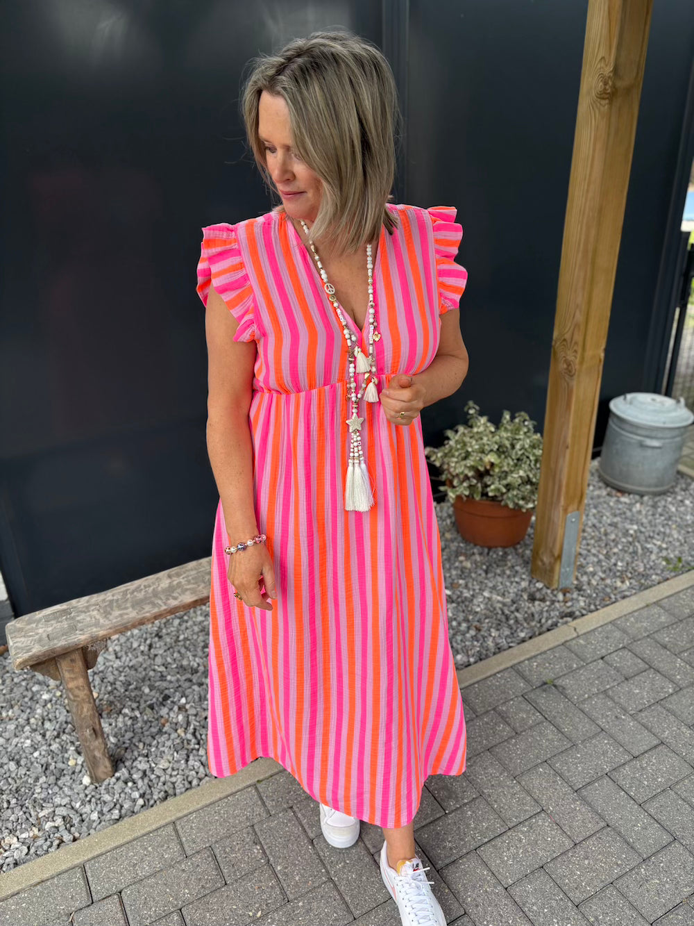Jurk korte mouw neon streep