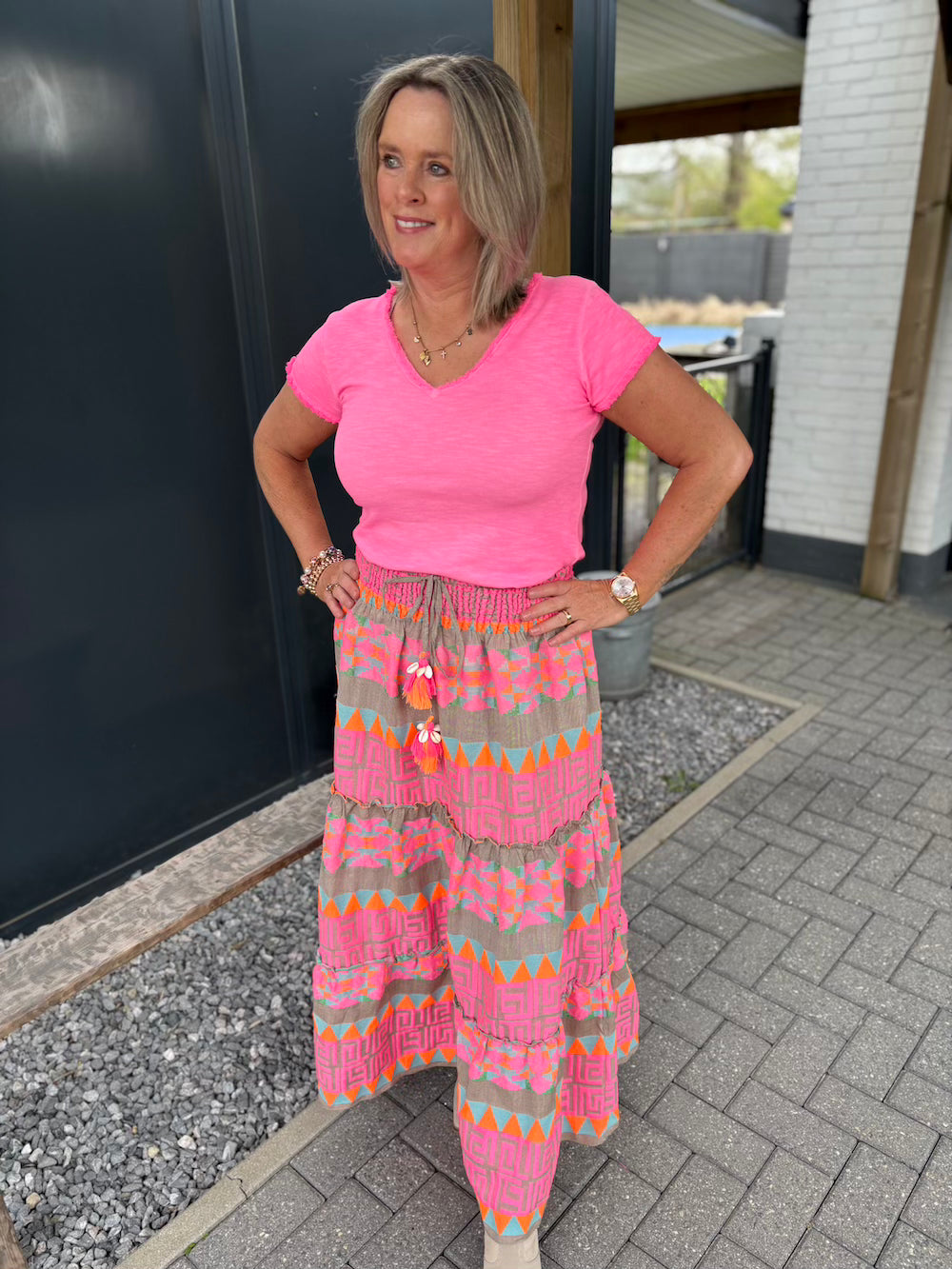 Ibiza rok roze neon met taupe katoen