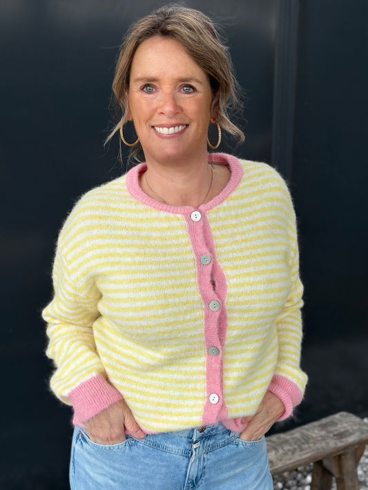 vestje geel wit met roze bies