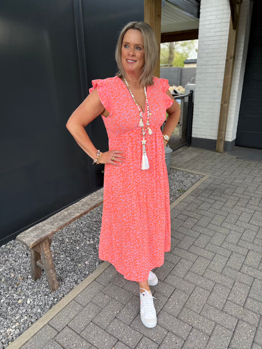 Tetra jurk katoen luipaard neon oranje