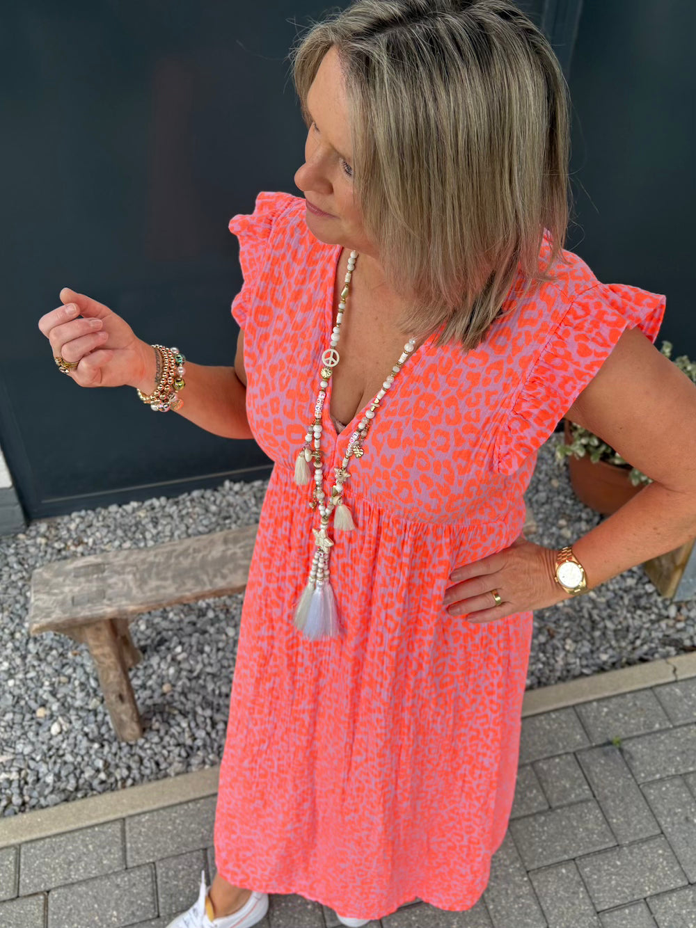Jurk korte mouw neon oranje luipaard