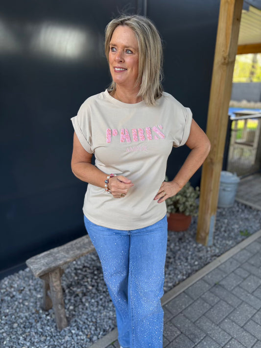 T shirt beige met applicatie
