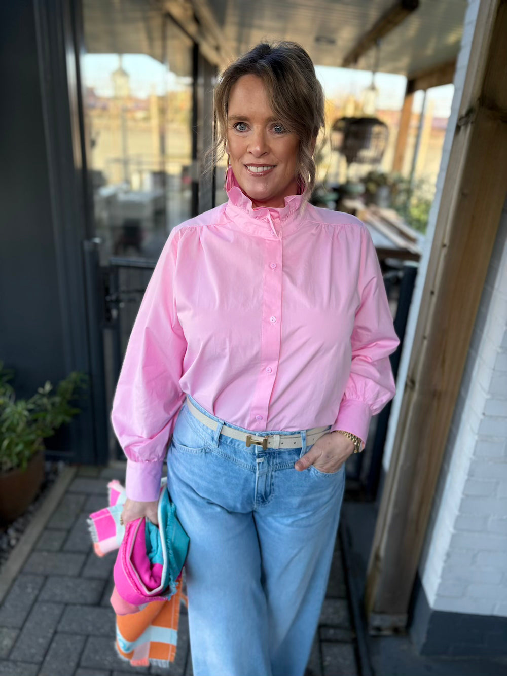 Blouse opstaande kraag roze