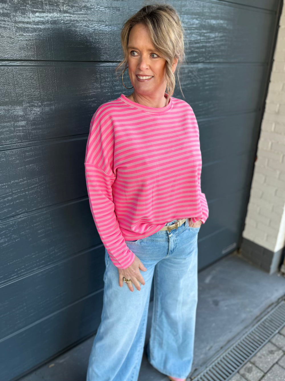 Longsleeve gestreept pastel roze/hotpink