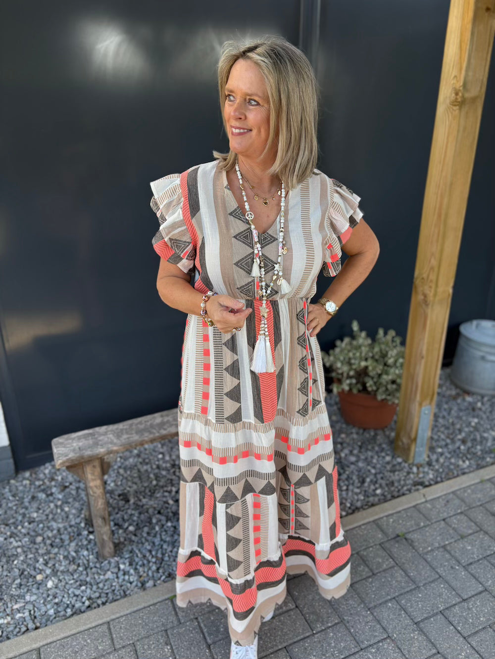 Ibiza jurk taupe neon koraal